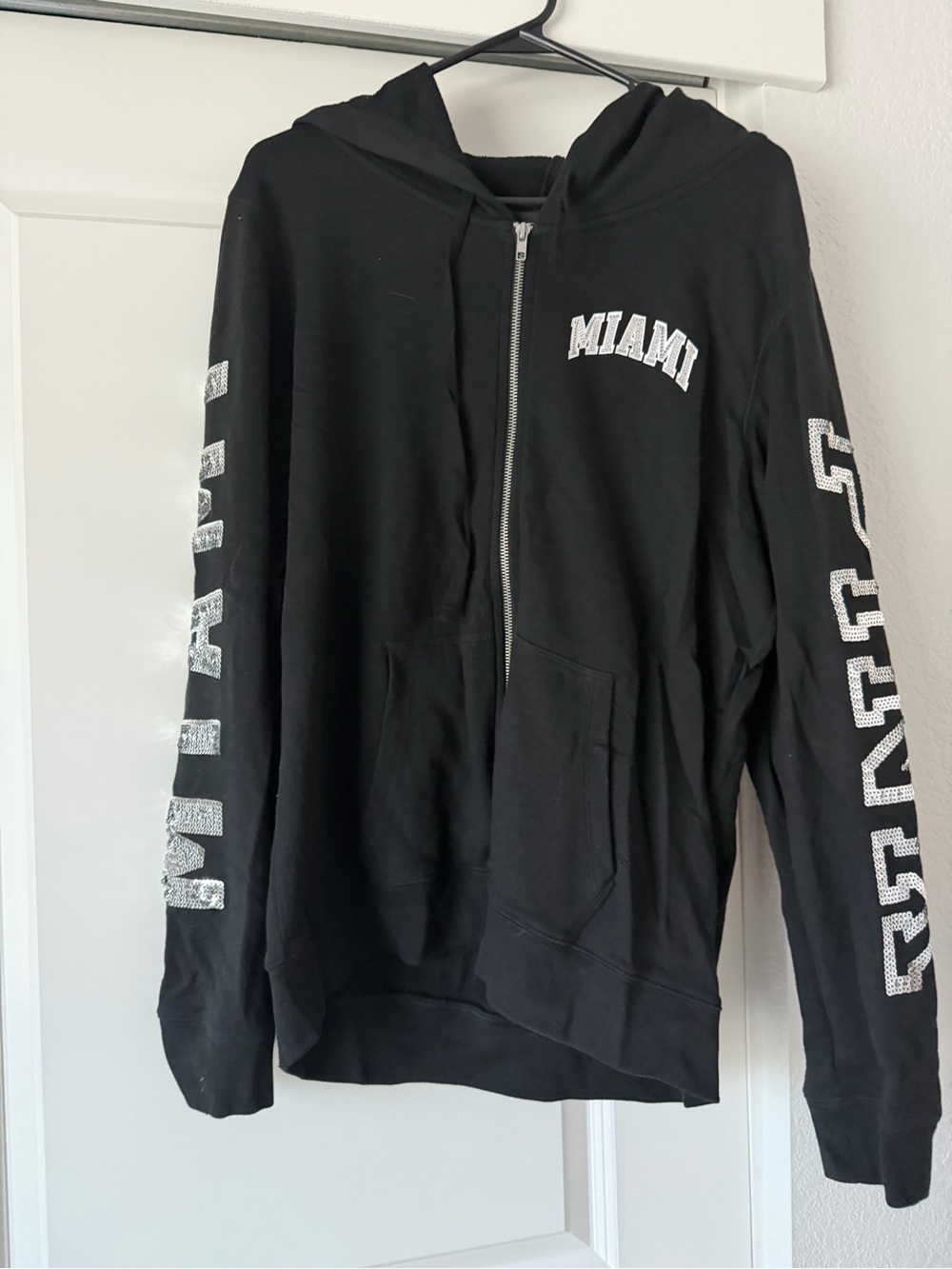PINK Victoria's Secret Sequin Black 'MIAMI' Zip-Up Hoodie with Sleeve Logo
